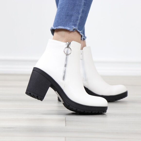 White Ankle Boots Chunky Lug Block Heel  Synthetic Leather Round Toe - Picture 5 of 12